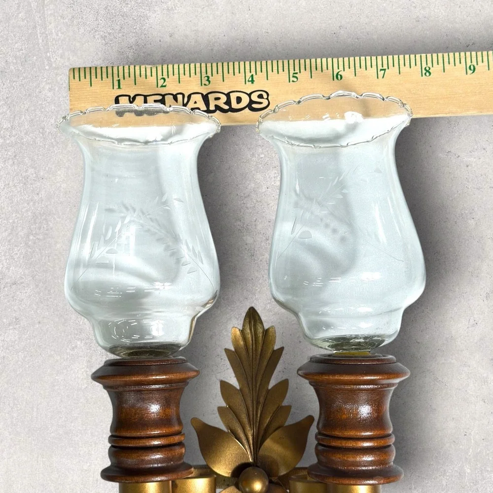 Vintage Double Wall Sconce Wood Gold Metal Floral‎ Etched Glass Hurricane Shades